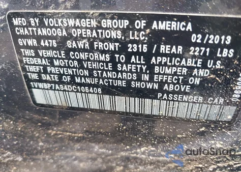 2013 Volkswagen Passat 2.5L Se из США, поврежденный, VIN 1VWBP7A34DC105406